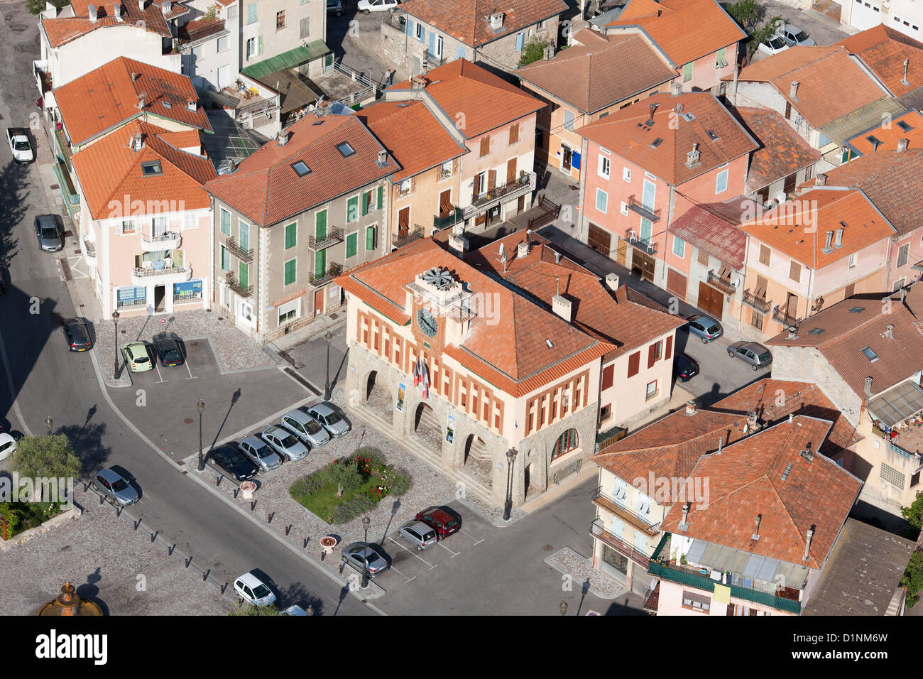 AERIAL VIEW. City Hall of Roquebillière. Vésubie Valley, French Riviera's backcountry, Alpes-Maritimes, France. Stock Photo