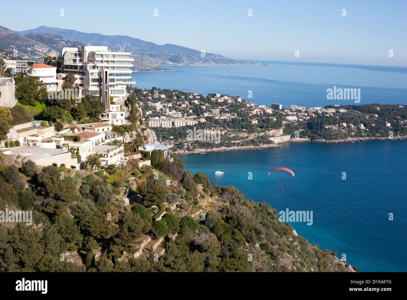AERIAL VIEW. Vista Palace Hotel with its stunning views of the Mediterranean Sea. Roquebrune-Cap-Martin, French Riviera, France. Stock Photo
