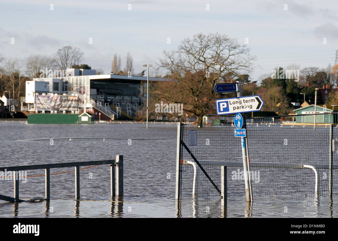 Worcester, UK. 1st Jan, 2013. Flooded Worcester racecourse on New Year