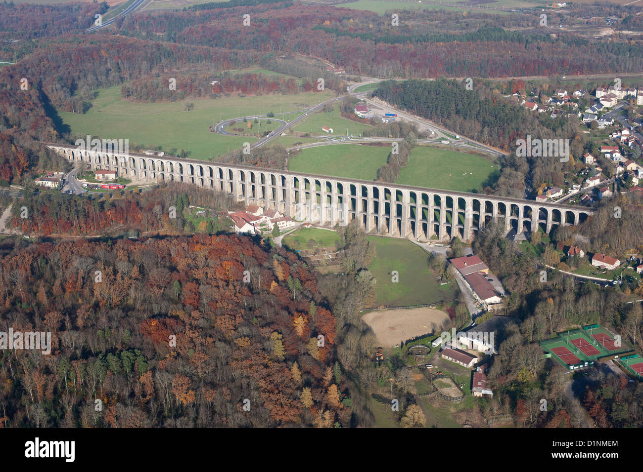 AERIAL VIEW. Three-story stone viaduct built in 1857. On the railroad line Paris-Basel. Chaumont, Haute-Marne, Grand Est, France. Stock Photo