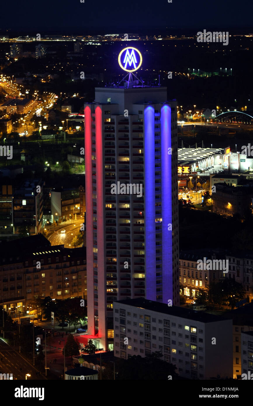 Leipzig, Germany, illuminated conservatory skyscraper for Festival of