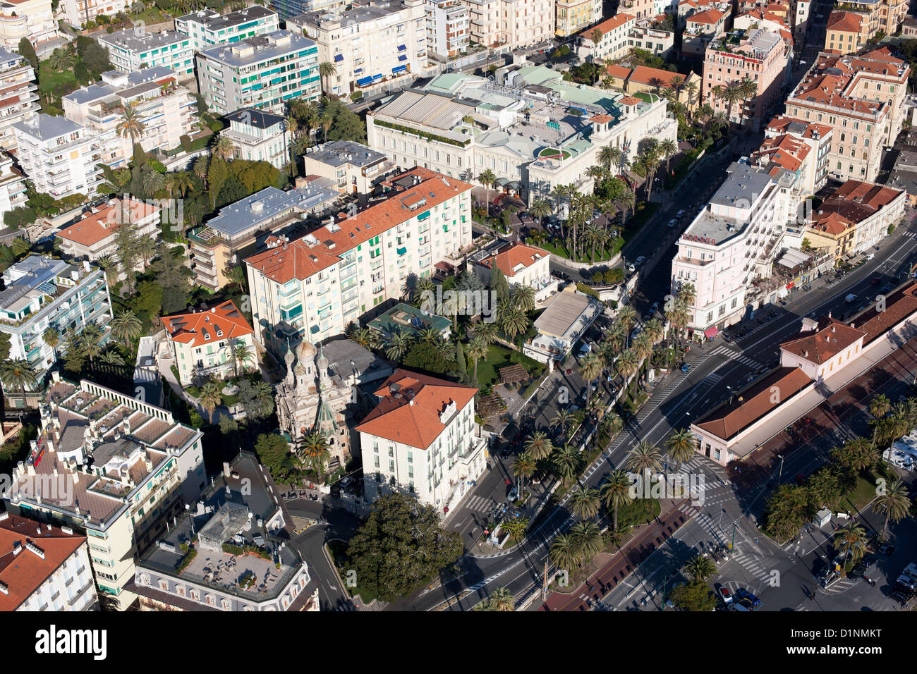 AERIAL VIEW. Russian Orthodox Church and Casino Sanremo. San Remo, Province of Imperia, Liguria, Italy. Stock Photo