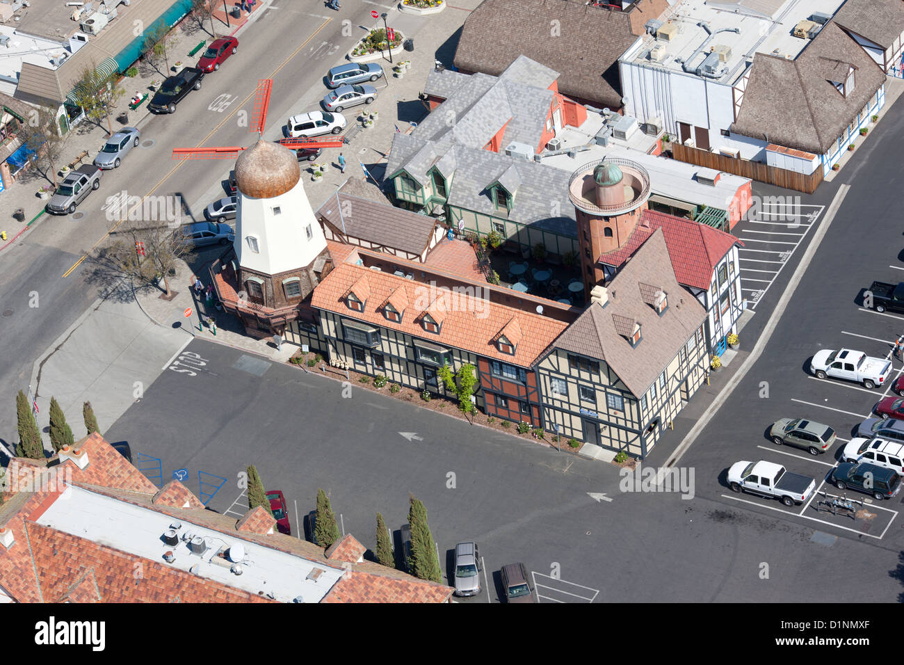 AERIAL VIEW. Danish architecture in a town founded by Danish settlers. Solvang, Santa Ynez Valley, Santa Barbara County, California, USA. Stock Photo