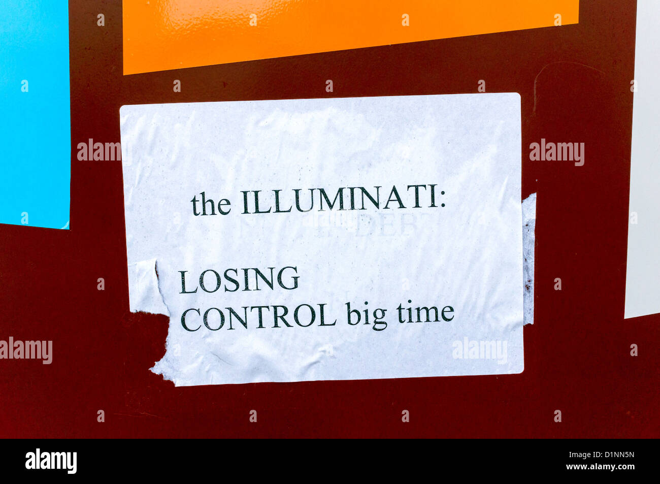 Sticker proclaiming that the Illuminati are losing control Stock Photo