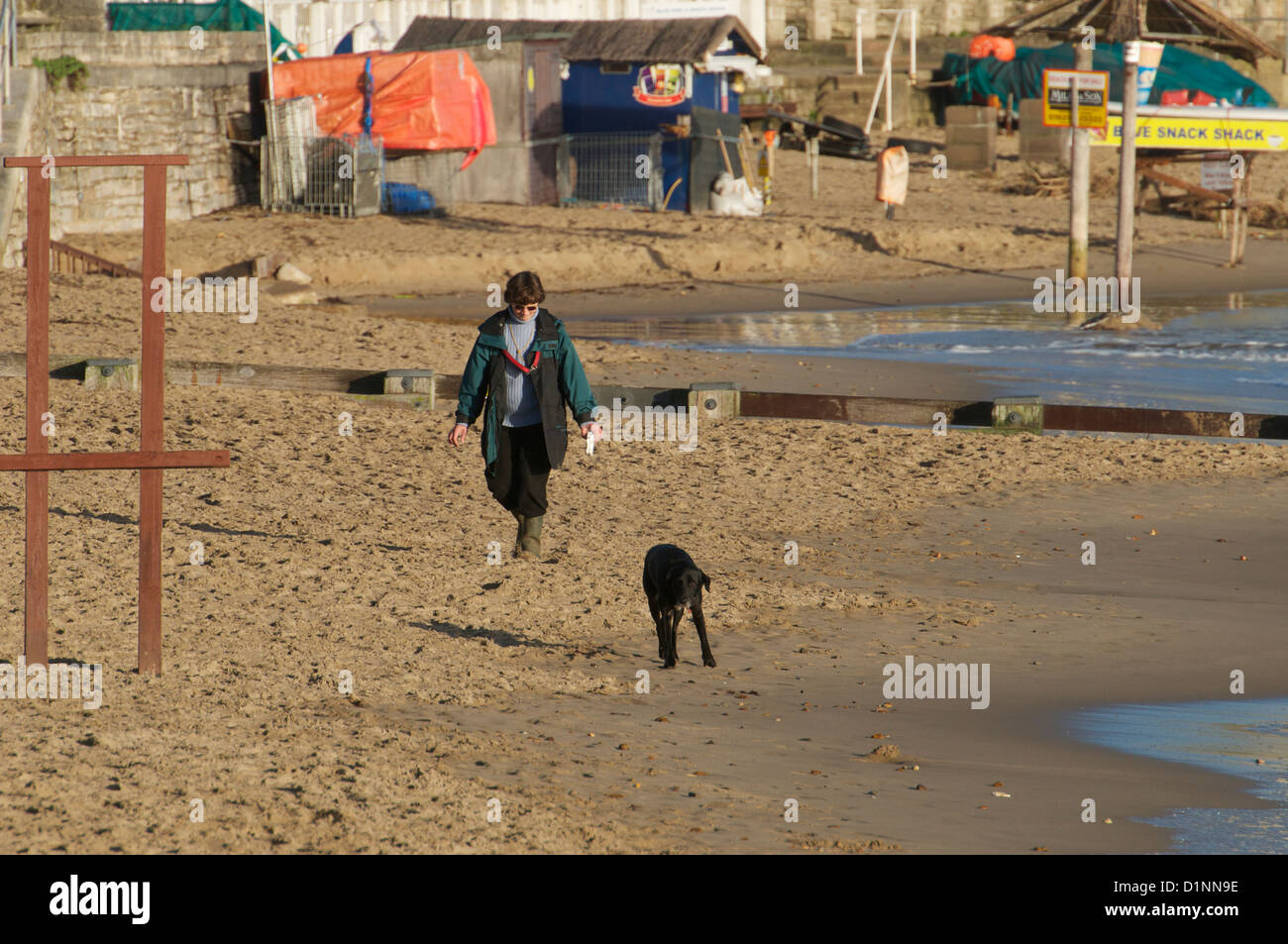 Woman walks dog on Swanage beach in winter sunshine Stock Photo
