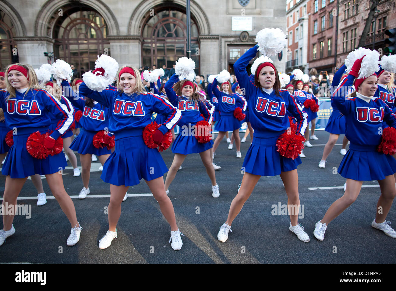 London's New Year's Day Parade 2013, England, UK. 01.01.2013 All American cheerleaders and dancers from the USA perform 'Starship' at the London's New Year's Day Parade, Central London, UK. Stock Photo
