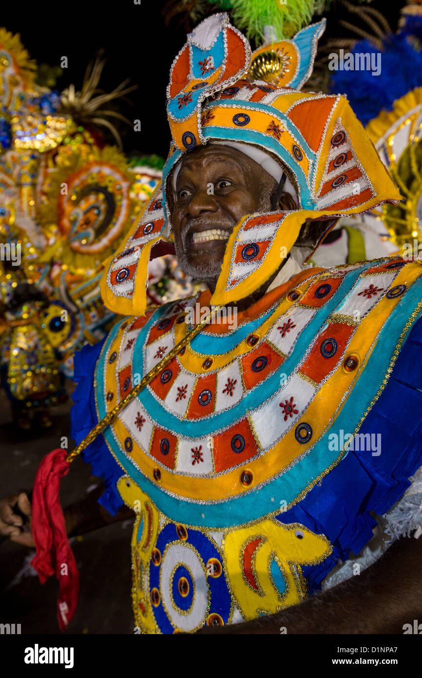 Costumed dancers celebrate the New Year with the Junkanoo Parade on January 1, 2013 in Nassau, Bahamas. The carnival like festival is celebrated in the early hours of the New Year lasting until the late morning and dates back to slavery days. Stock Photo