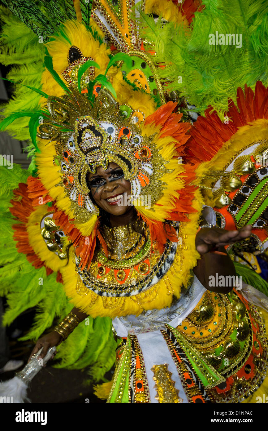 Costumed dancers celebrate the New Year with the Junkanoo Parade on January 1, 2013 in Nassau, Bahamas. The carnival like festival is celebrated in the early hours of the New Year lasting until the late morning and dates back to slavery days. Stock Photo