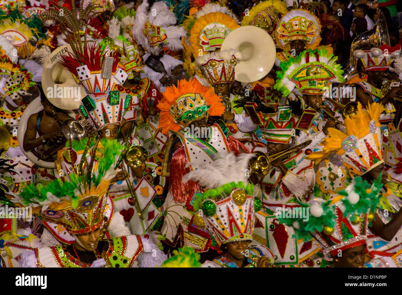 Costumed dancers celebrate the New Year with the Junkanoo Parade on January 1, 2013 in Nassau, Bahamas. The carnival like festival is celebrated in the early hours of the New Year lasting until the late morning and dates back to slavery days. Stock Photo