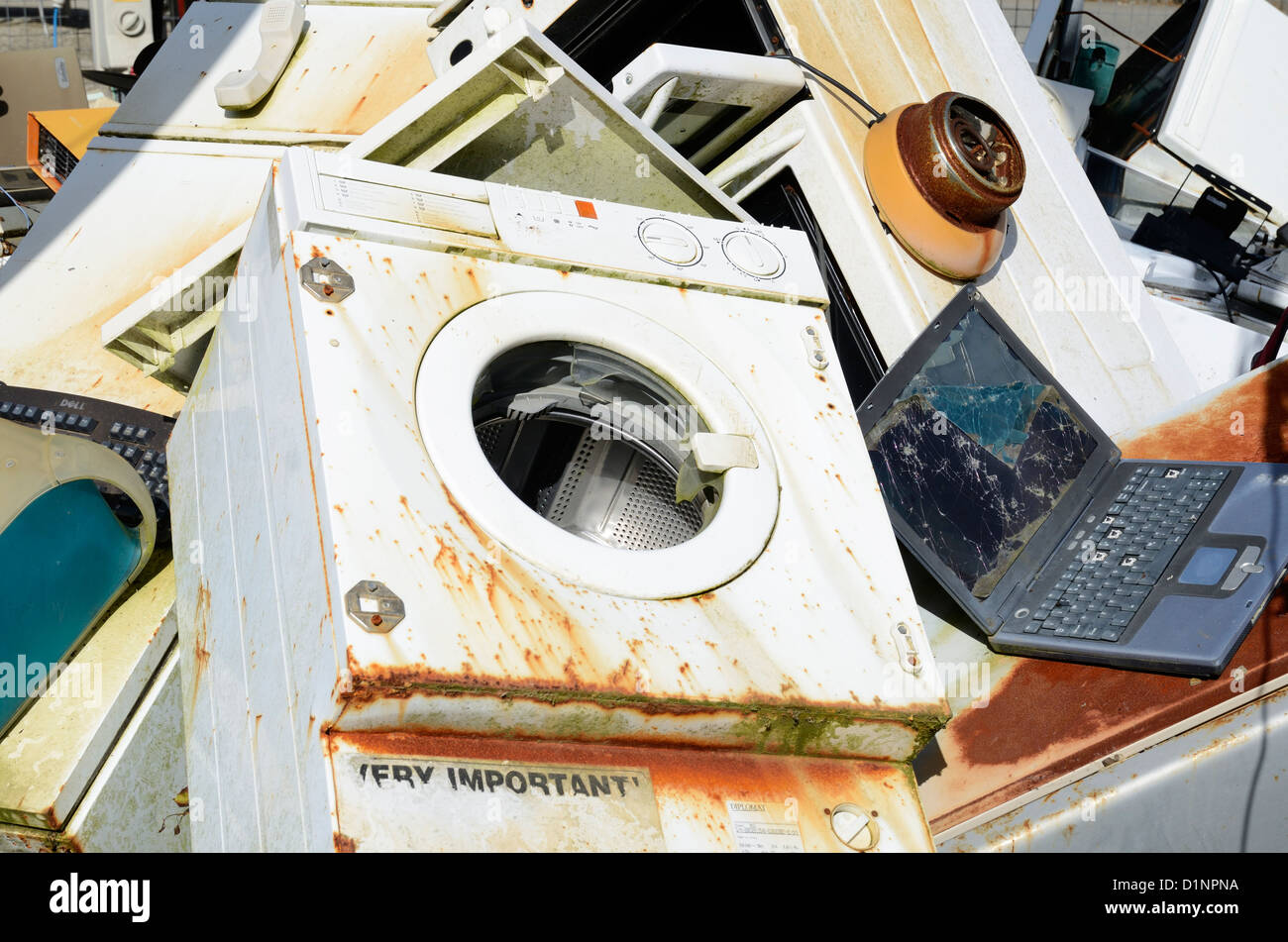Old household electrical appliances at a recycling center Stock Photo