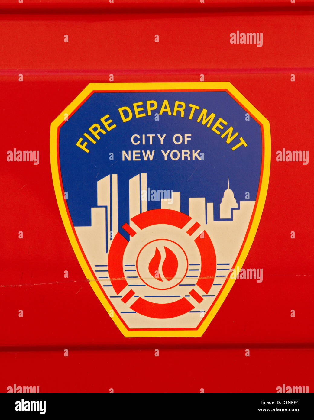 New York City Fire Department emblem on side of truck. Stock Photo