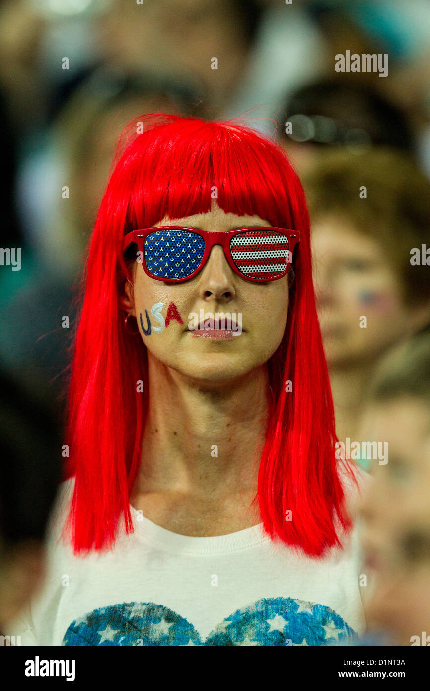 USA fan watches USA wins gold over Japan in Women's Football (soccer) at the Olympic Summer Games, London 2012 Stock Photo