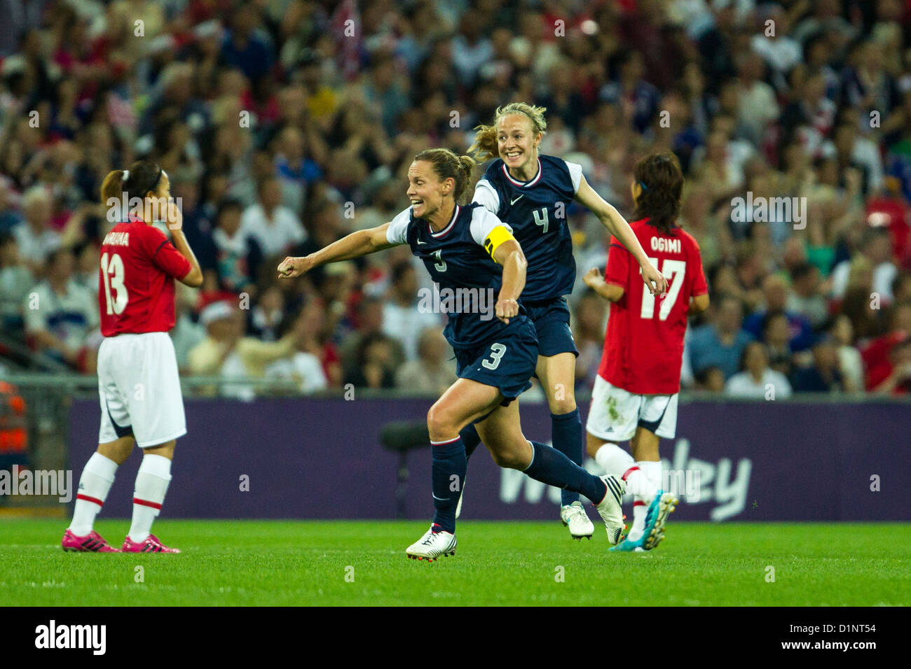 Christie Rampone (USA)-3, -Becky Sauerbrunn (USA)-4-USA wins gold over Japan in Women's Football (soccer) at the Olympic Summer Stock Photo
