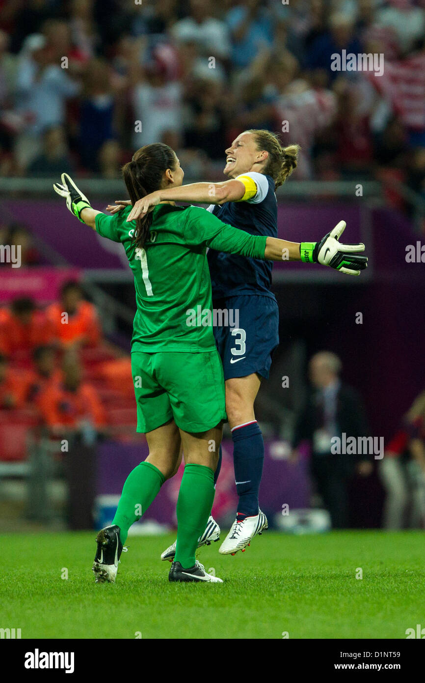 Christie Rampone (USA)-3, -Hope Solo (USA)-1-USA wins gold over Japan in Women's Football (soccer) at the Olympic Summer Games Stock Photo