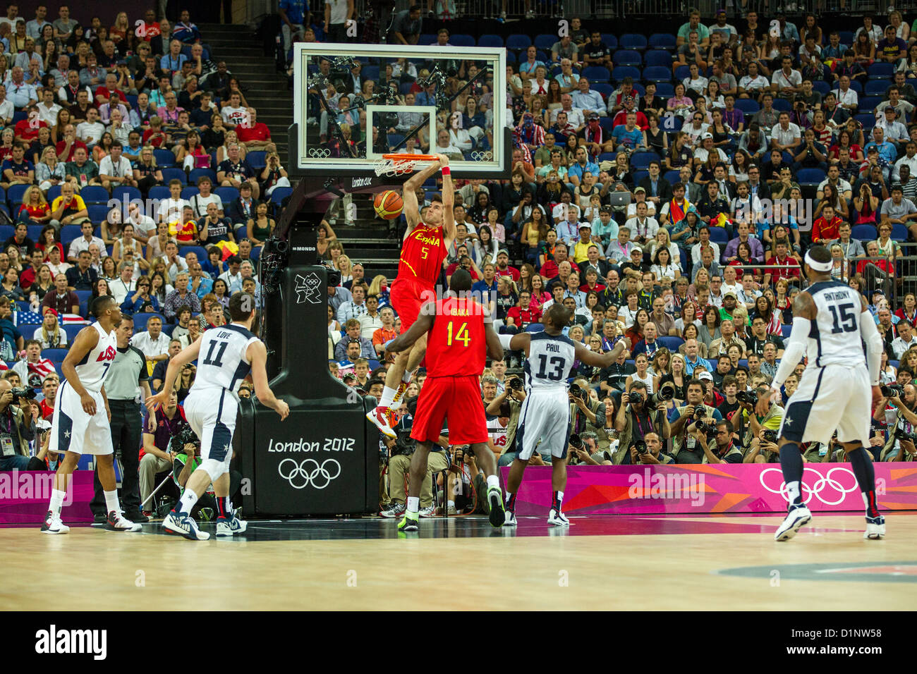 Rudy Fernandez (ESP)-5-USA- Spain competing in the Gold Medal Men's Basketball Game at the Olympic Summer Games, London 2012 Stock Photo