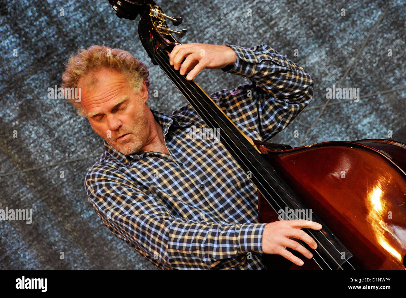 Swedish bass player Anders Jormin performing with Bobo Stenson at Stockholm Jazz Festival. Stock Photo