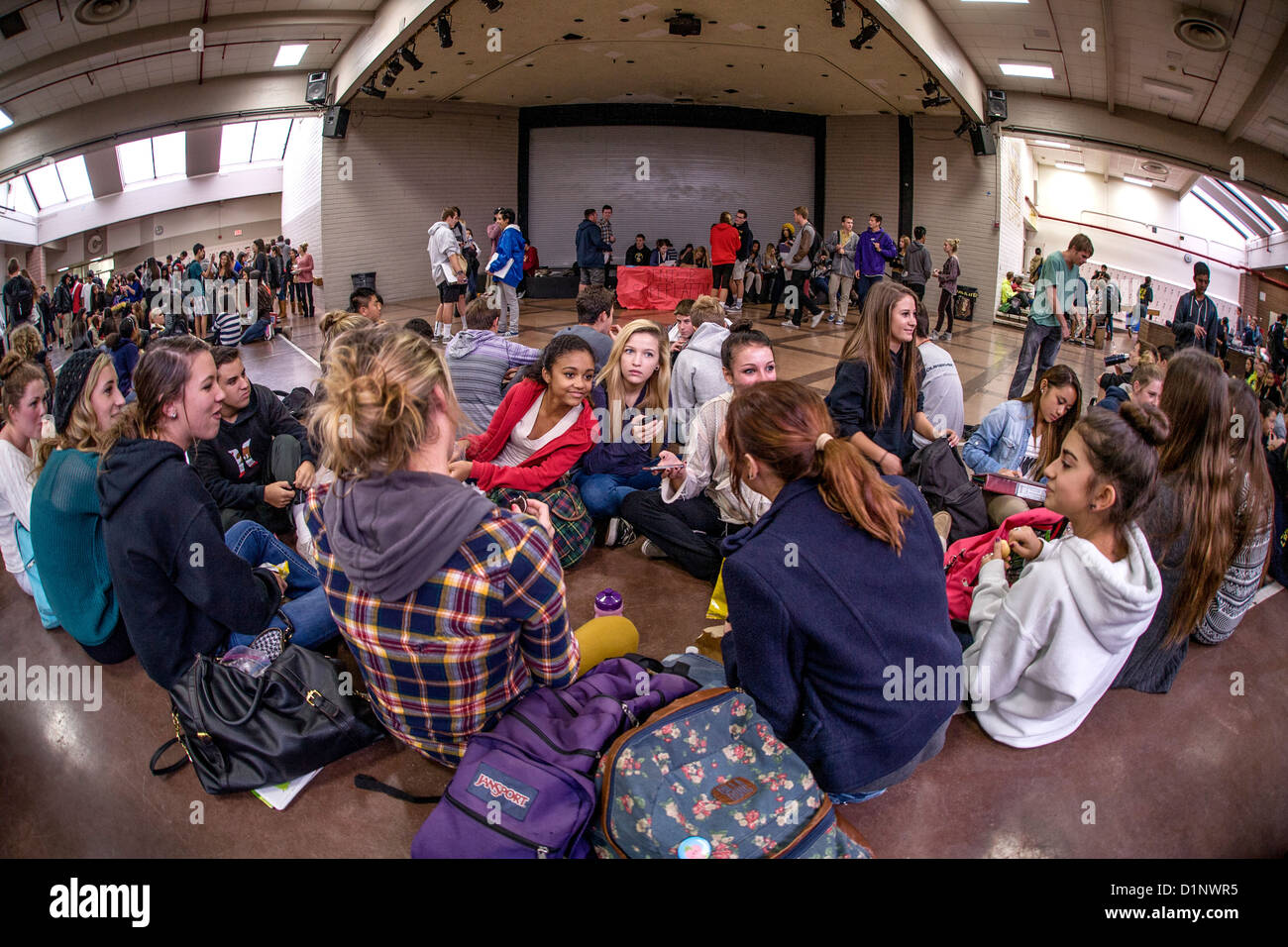 Multiethnic California high school students socialize during lunch