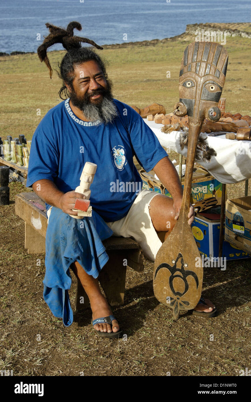 Rapanui man selling souvenirs, Easter Island, Chile Stock Photo
