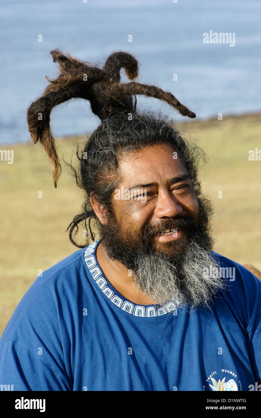 Rapanui man with braided hair, Easter Island, Chile Stock Photo