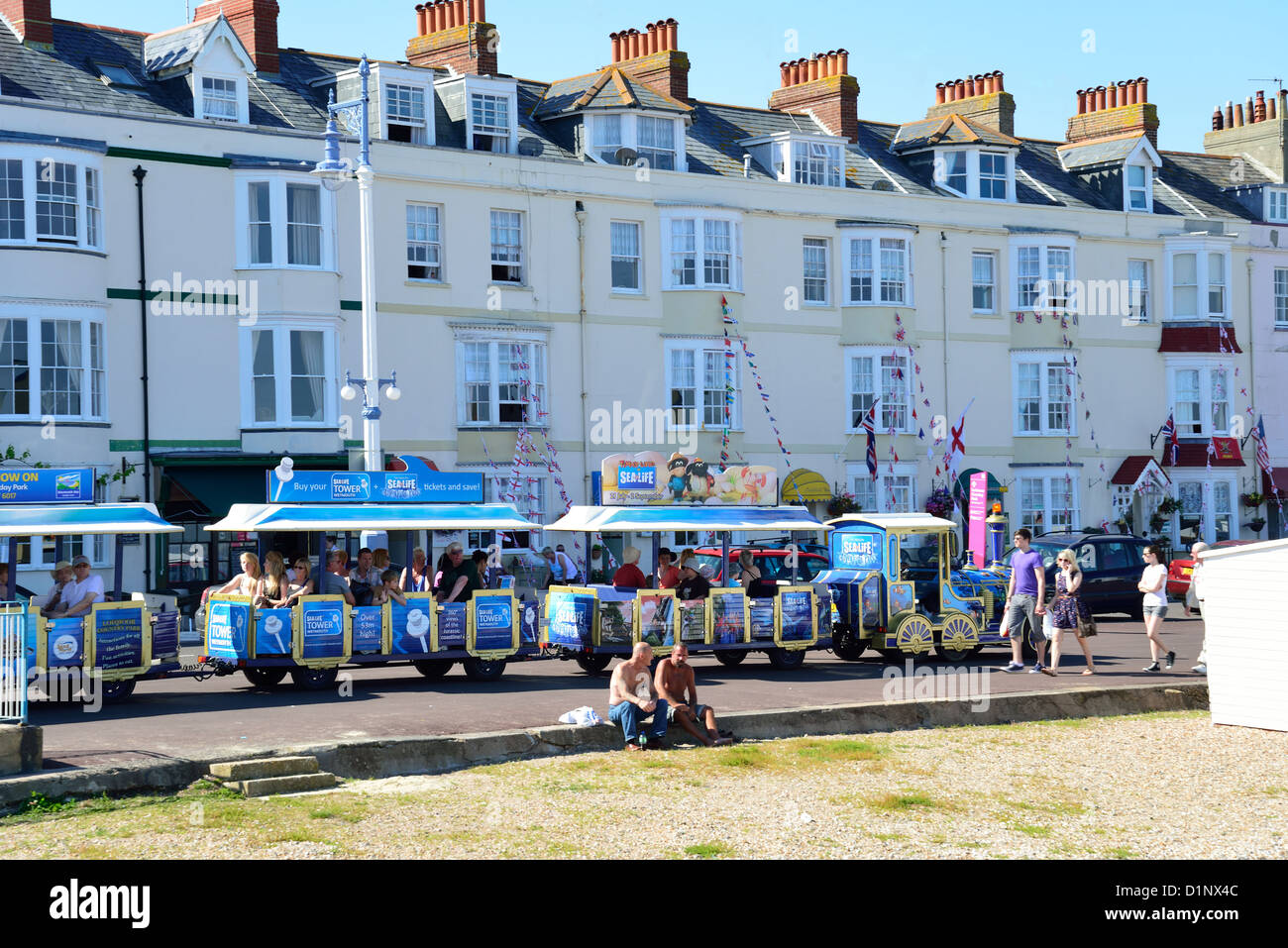 Sea-Life promenade electric train on seafront, Weymouth, Dorset, England, United Kingdom Stock Photo