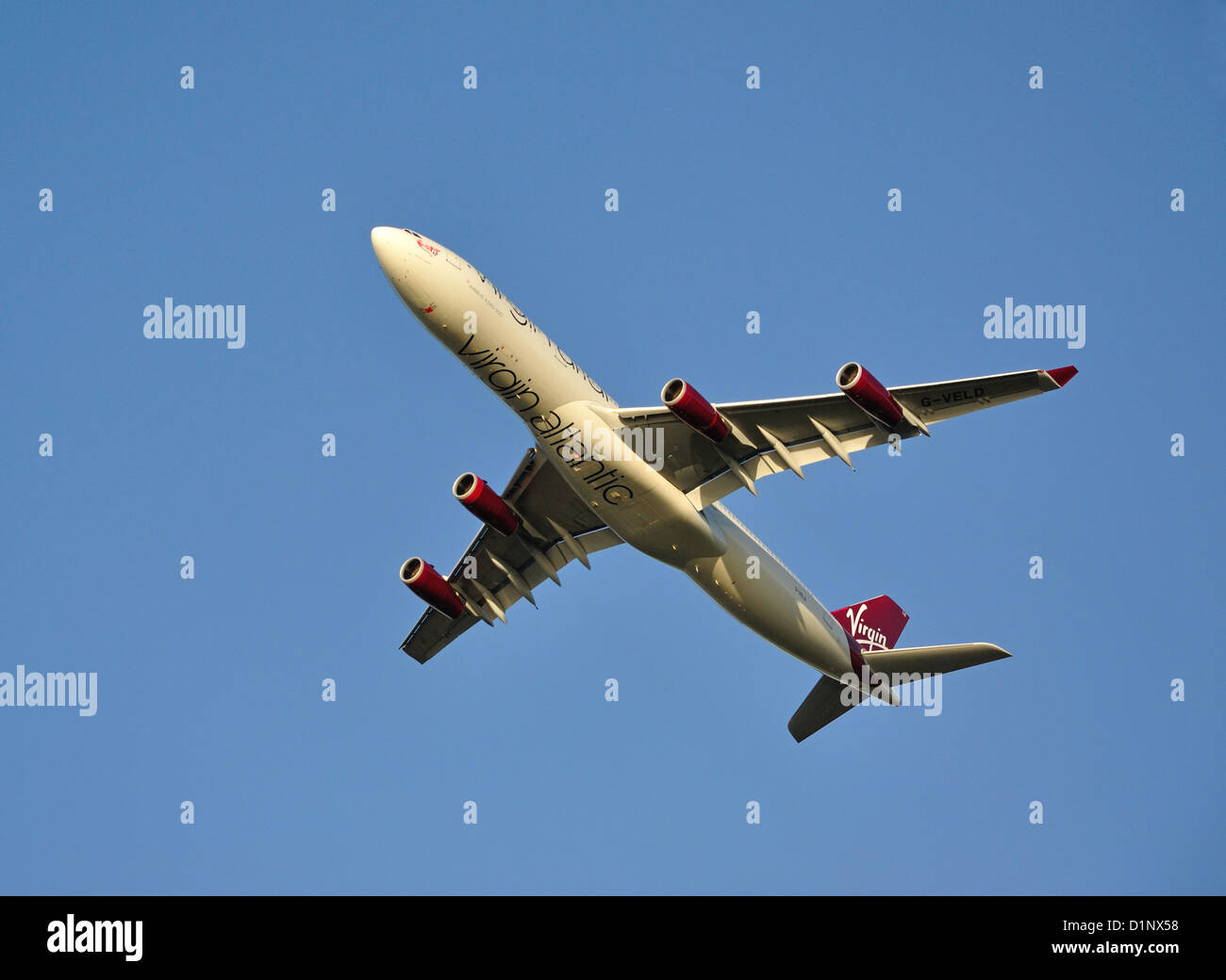 Virgin Atlantic Airbus A340-300 taking off from Heathrow Airport, Greater London, England, United Kingdom Stock Photo