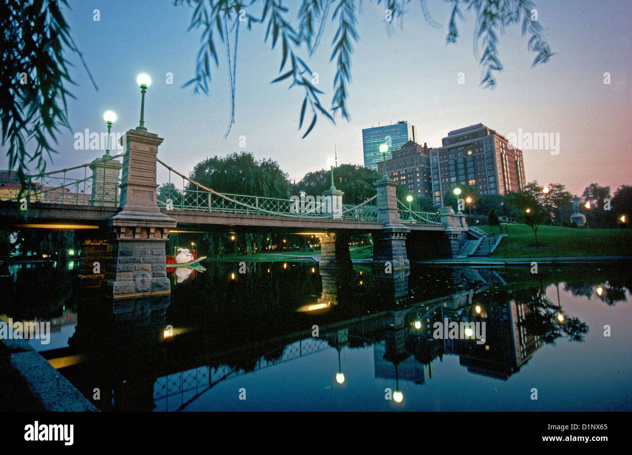 Dating from 1867, the Boston Public Garden bridge is the world's smallest suspension bridge. Stock Photo