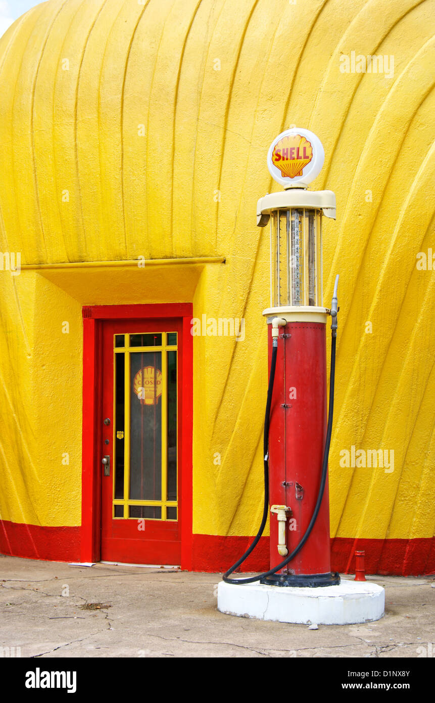 Historic Shell station, with old gasoline pump, in Winston-Salem, North Carolina. Stock Photo