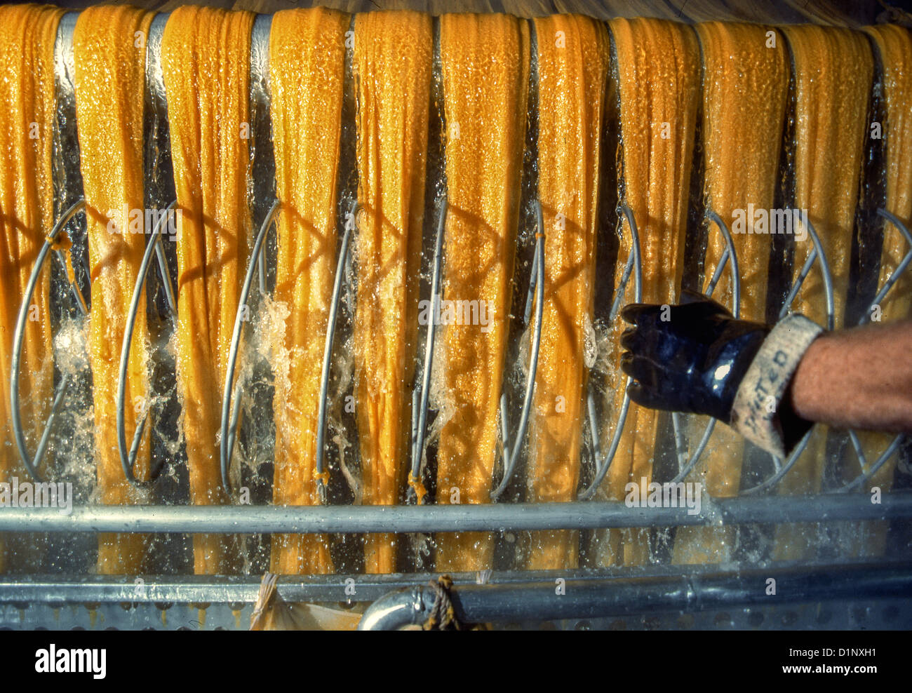 Cotton yarn is colored yellow at a commercial cloth dyeing factory in Manchester, New Hampshire. Stock Photo
