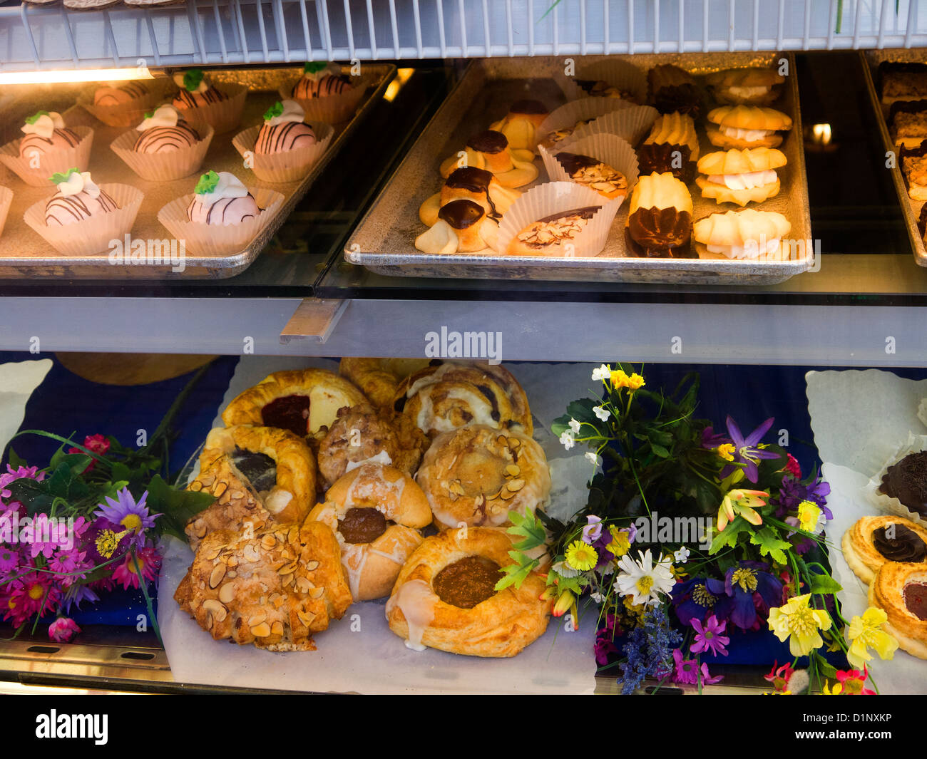 Display of Danish Cakes and Pastries in Solvang California USA Stock