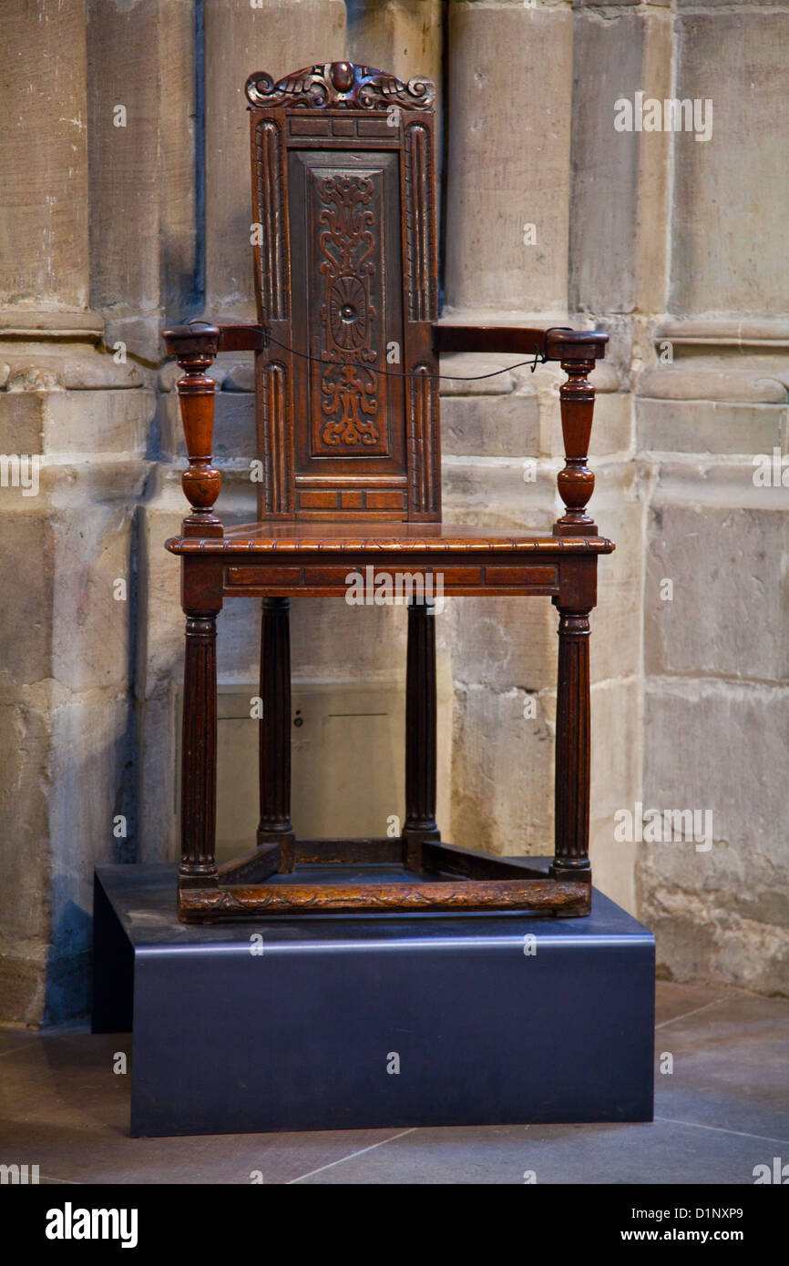 John (Jean) Calvin's (Cauvin) chair in Geneva's cathedral Stock Photo