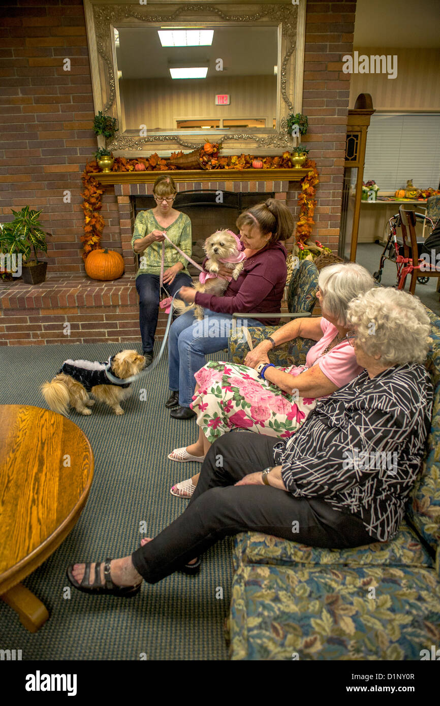 Volunteers bring therapy dogs in Halloween costumes to a retirement