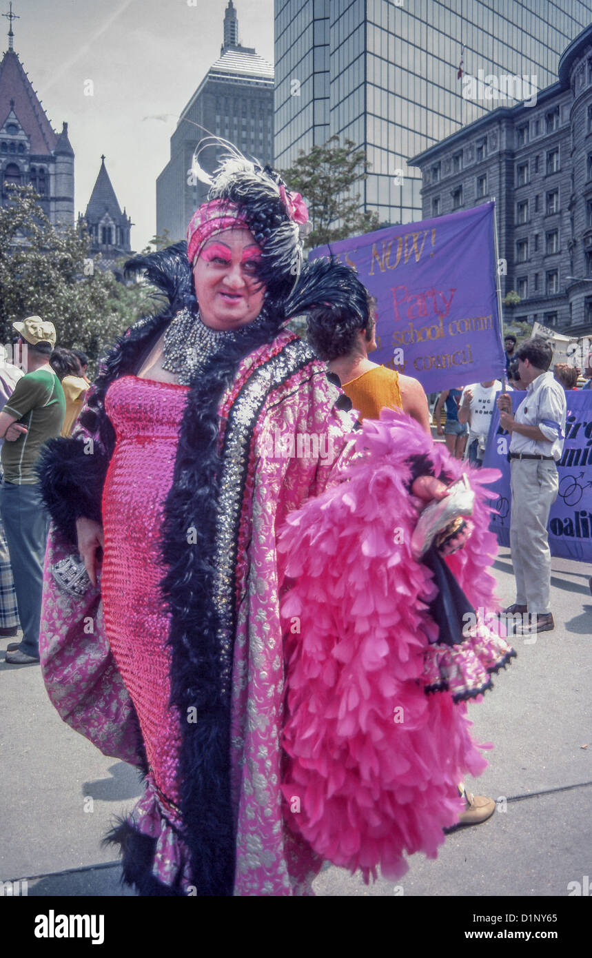 A female impersonator preens in pink during a 1978 Gay Pride rally in Boston's Copley Square. Stock Photo