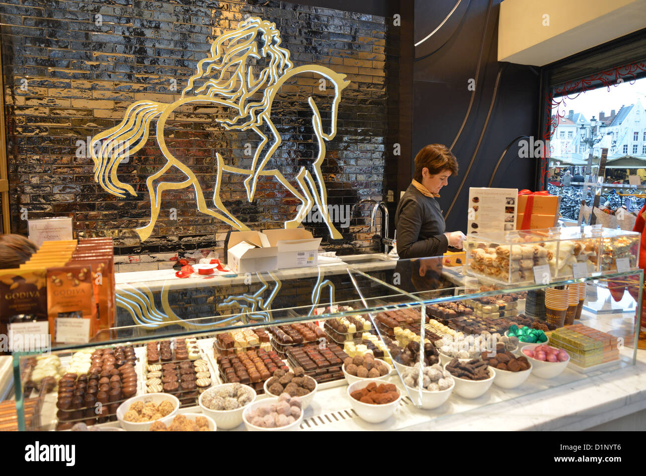 Belgium chocolate in Chocolatier shop in Historic Centre of Brugge