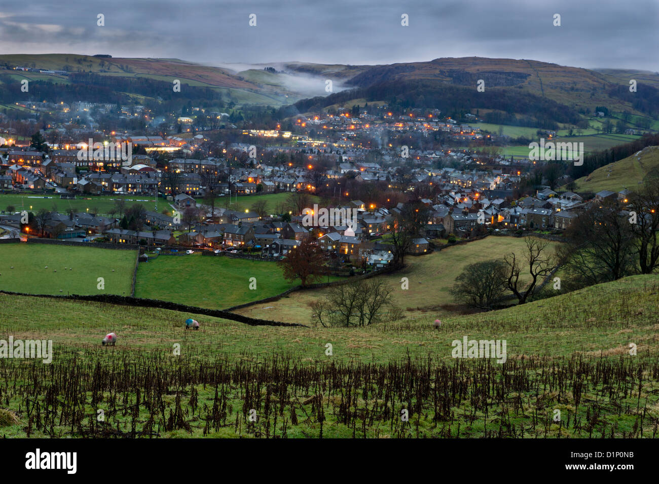 Evening view over the market town of Settle, North Yorkshire, UK during winter. Stock Photo