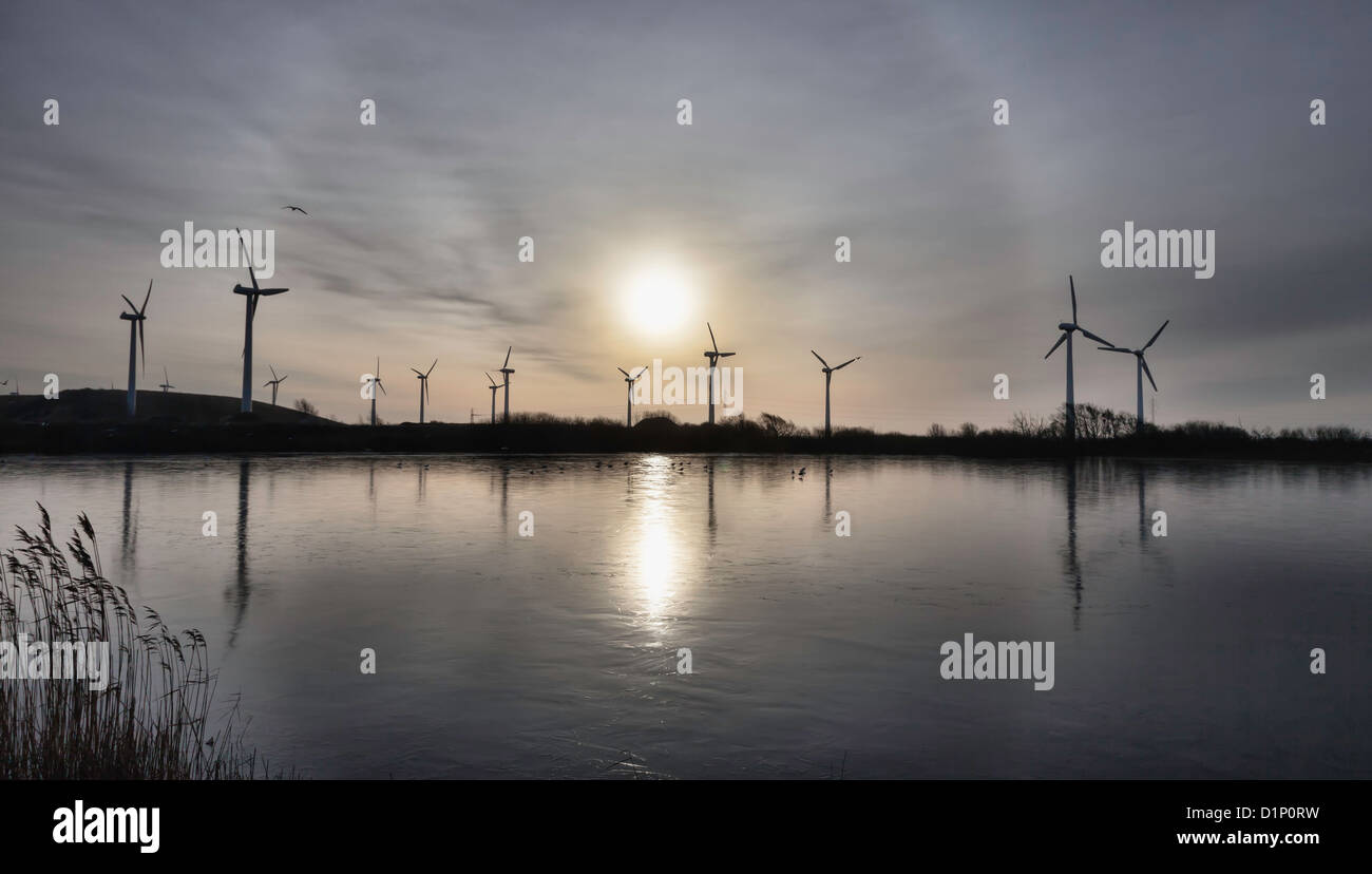 Wind turbine farm in the wadden sea, Esbjerg, Denmark Stock Photo