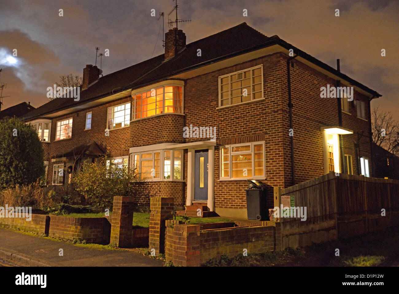 Period semidetached house at night, Kingston upon Thames, Borough of