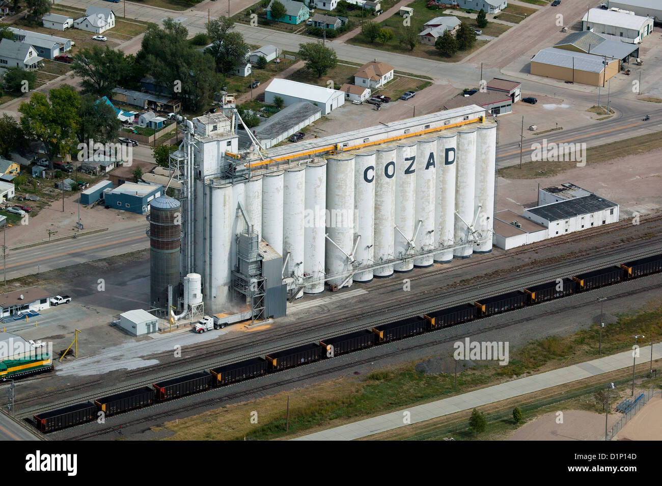 aerial photograph truck being loaded with corn at grain elevator Cozad, Nebraska Stock Photo