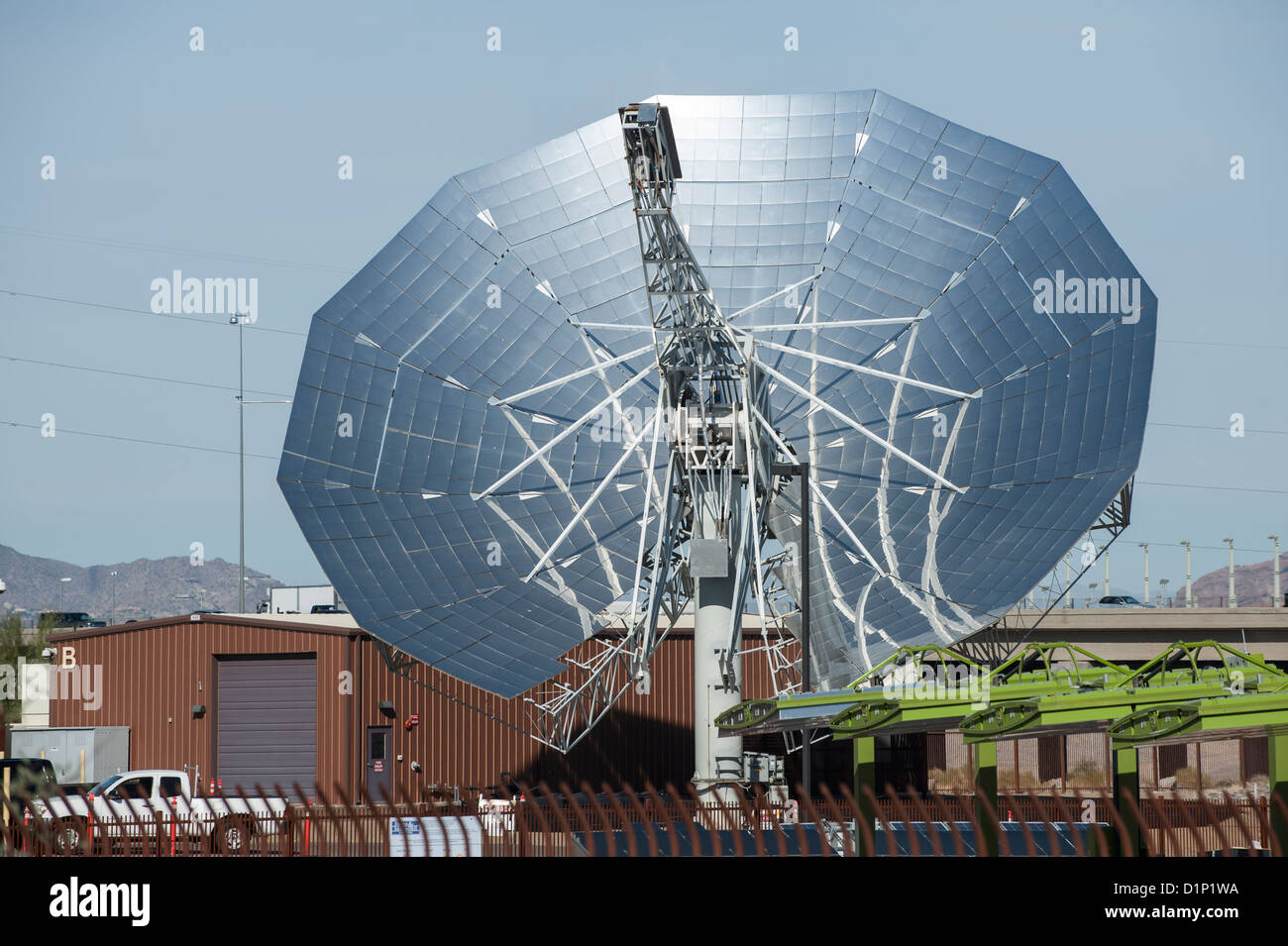 The worlds largest commercial parabolic concentrating solar dish at the Phoenix, AZ headquarters of Southwest Solar Technologies Stock Photo