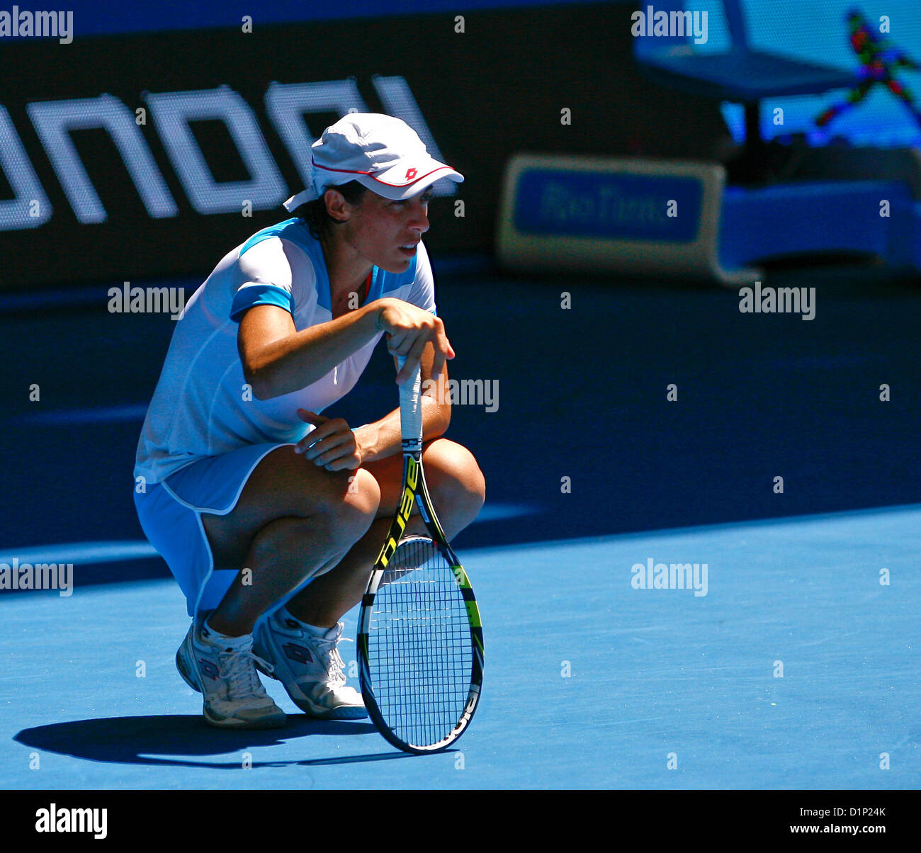 02.01.2013  Perth, Australia. Francesca Schiavone (ITA) struggled at times with a stomach complaint during her match against Tatjana Malek (GER)   during the Hyundai Hopman cup from the Perth Arena. Stock Photo