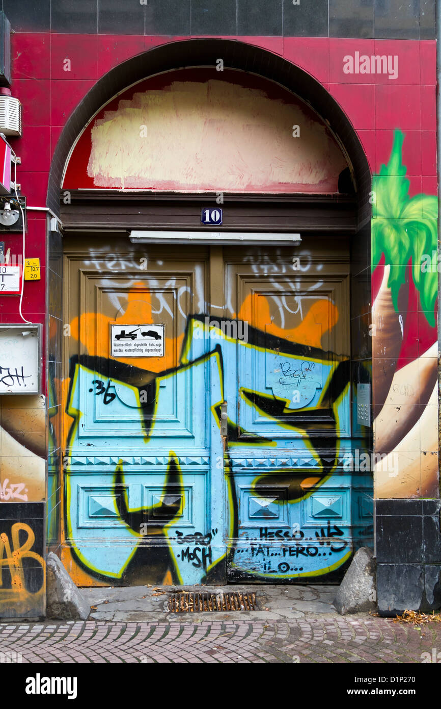 Typical Graffiti on a House Door in Berlin Kreuzberg, Germany Stock Photo