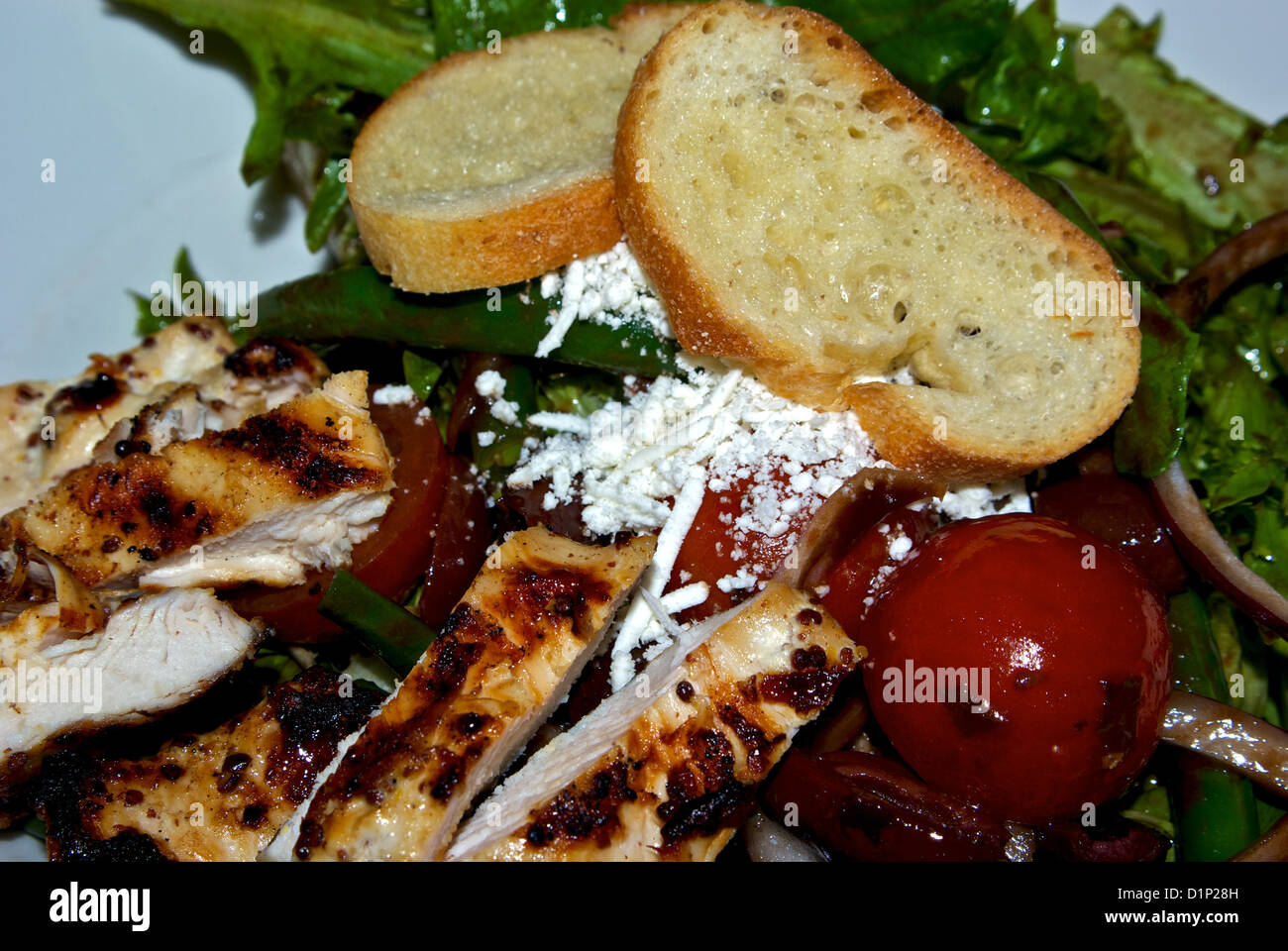 Mixed green salad with barbecue grilled white chicken breast meat baguette bread croutons Stock Photo