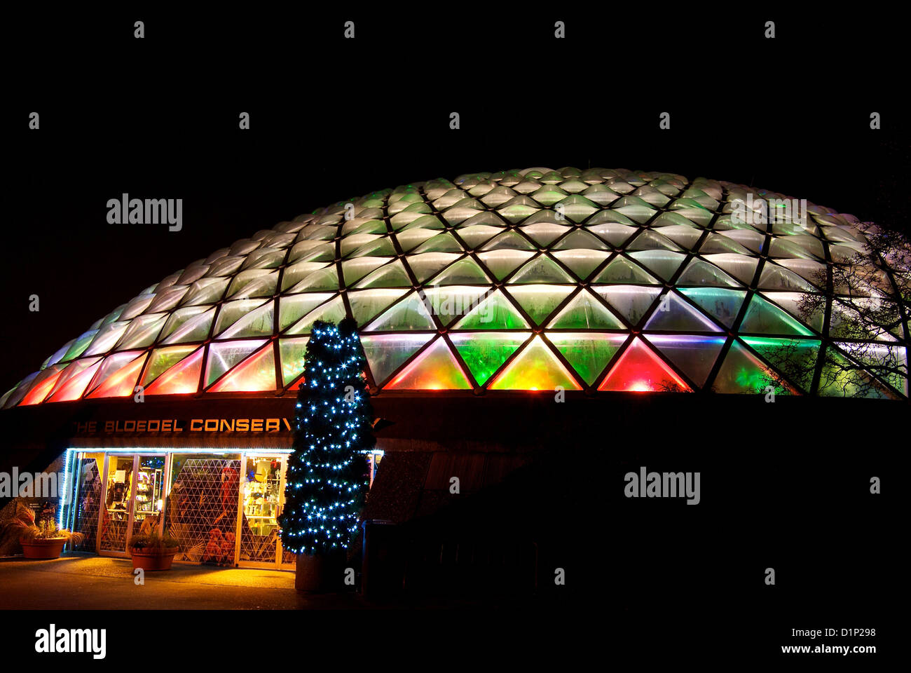 Bloedel Floral Conservatory Queen Elizabeth Park lit at night with Christmas lights Stock Photo