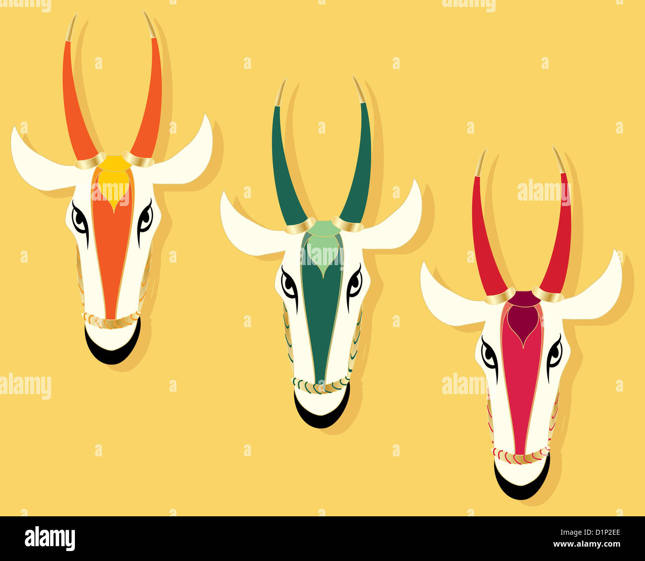 an abstract illustration of three Jain cow heads in different colors on ...