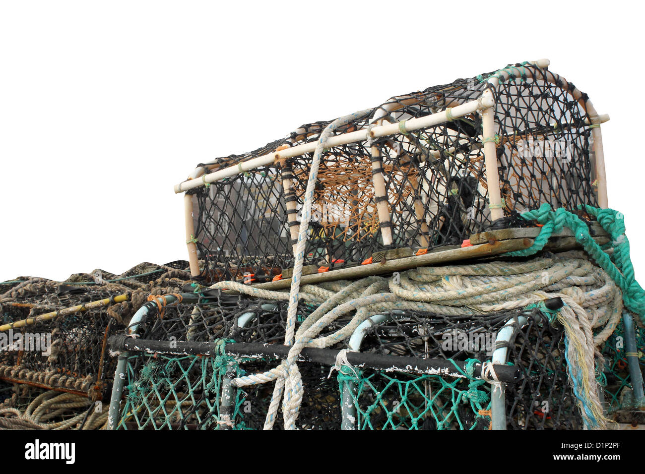 Lobster pots and creels isolated on white background with copy space. Stock Photo