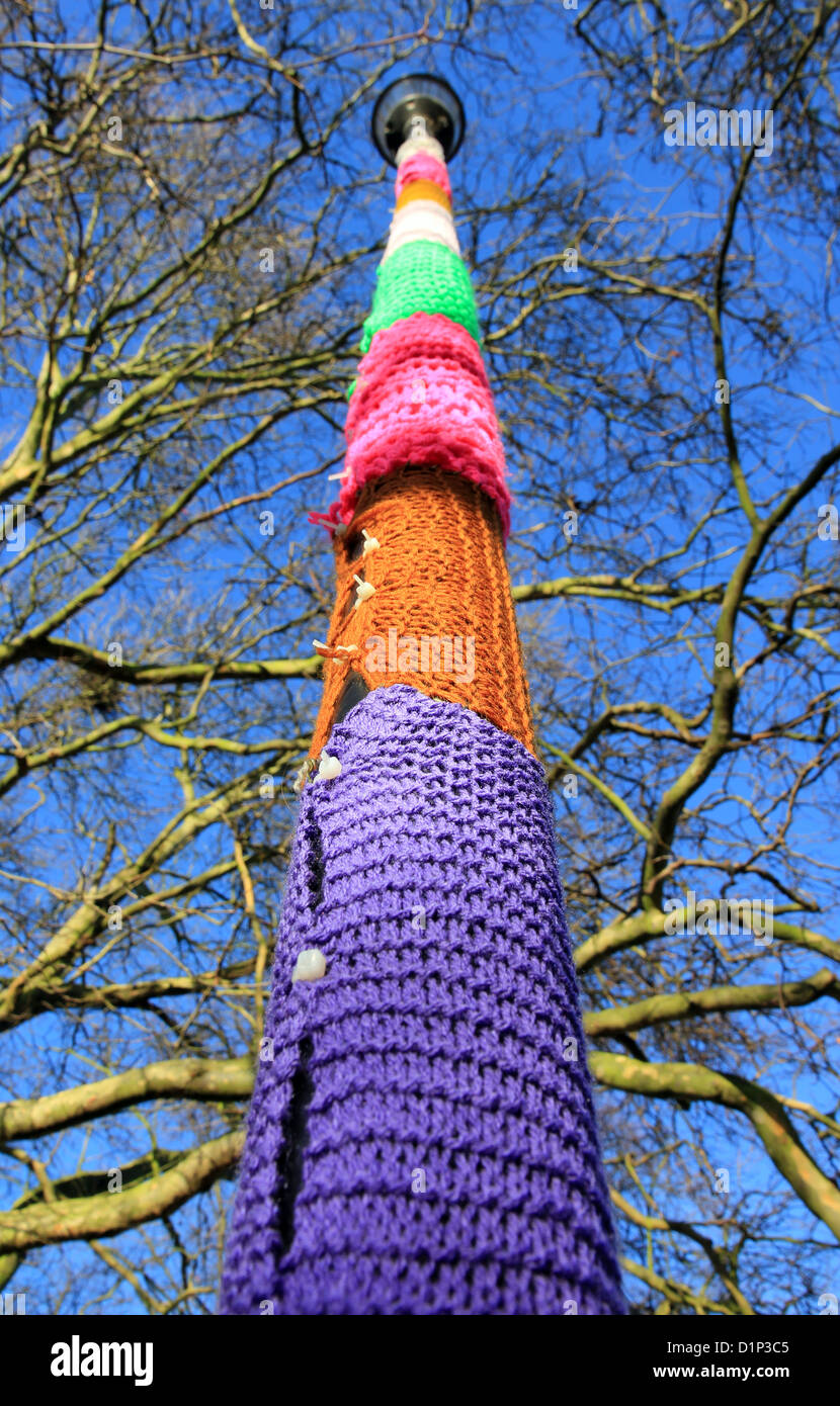 Knitting secured to lamppost in Cambridge, England,UK Stock Photo