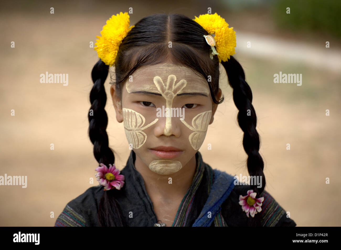 beautiful Burmese girl with  tanaka in Bagan,Myanmar,Burma Stock Photo