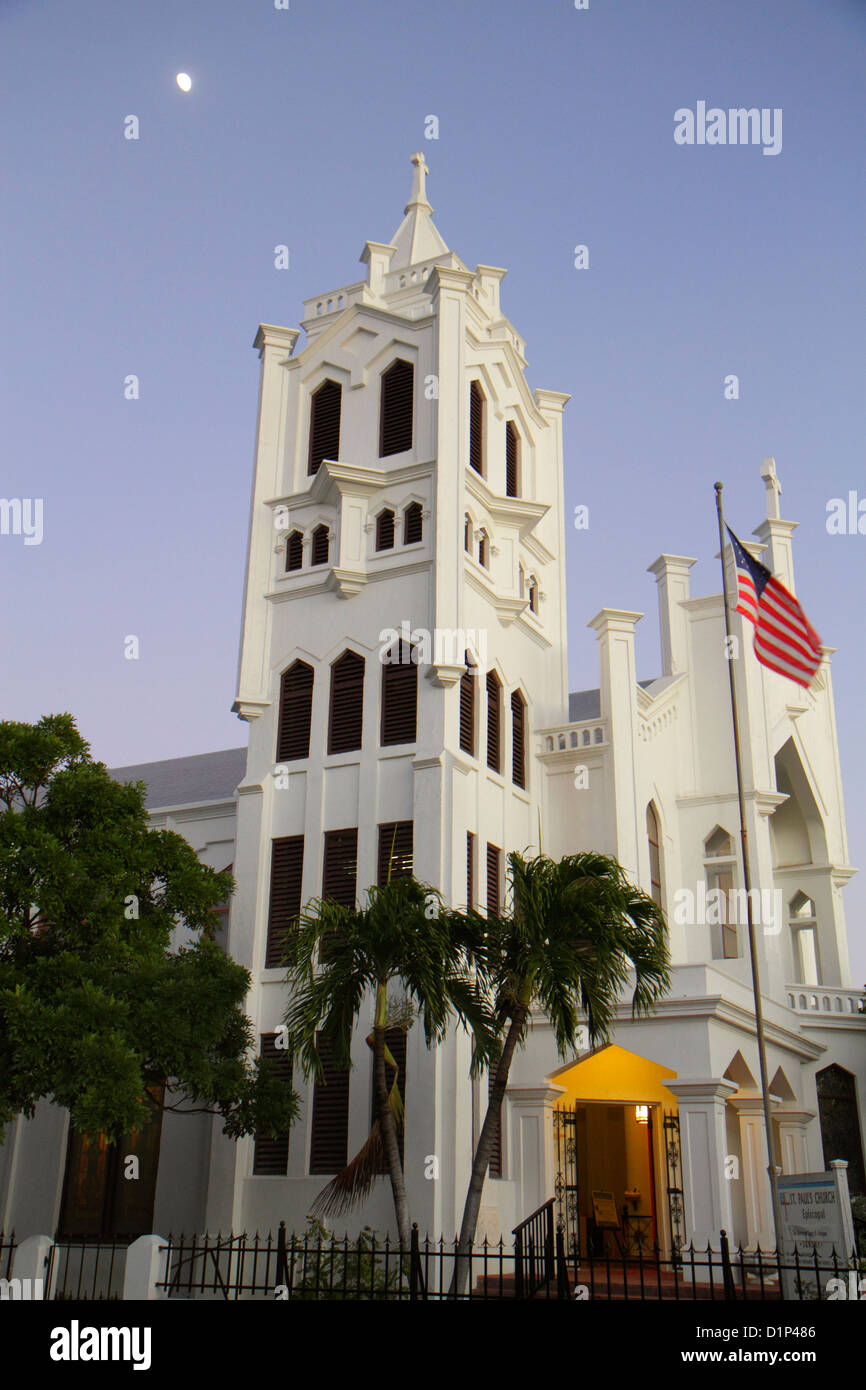 Florida Key West Florida,Keys Duval Street,St. Paul's Episcopal Church,evening,dusk,moon,visitors travel traveling tour tourist tourism landmark landm Stock Photo