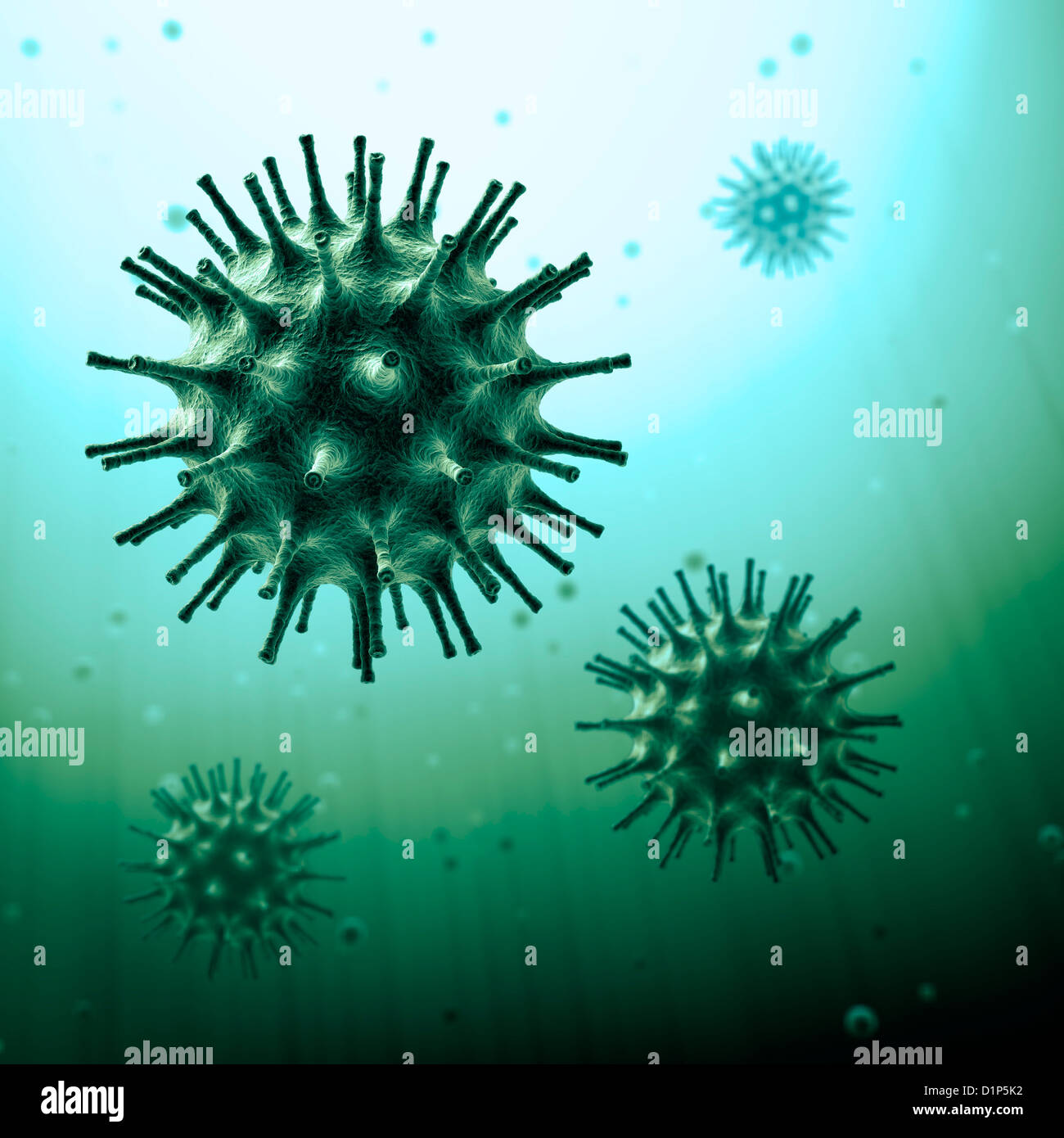 Virus particles, artwork Stock Photo