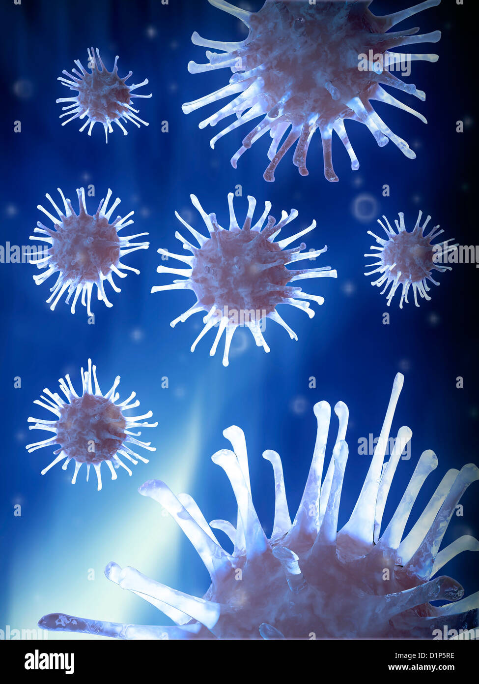 Virus particles, artwork Stock Photo