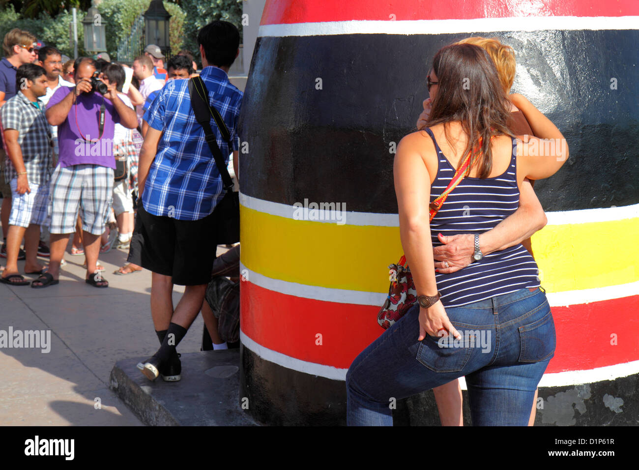 Florida Key West Florida,Keys South Street,Whitehead Street,Southernmost Point Continental USA,marker,adult adults man men male,woman women female lad Stock Photo